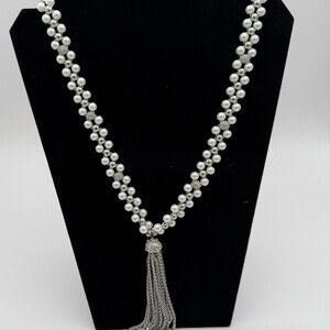 WHBM Elegant Silver Pearl Necklace with Tassel 34”